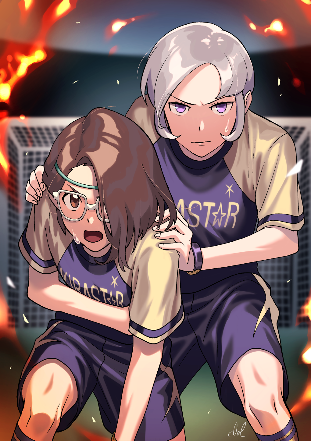 2boys brown_eyes brown_hair dolustoy glasses goal hair_over_one_eye headband highres inazuma_eleven_(series) inazuma_eleven_ares_no_tenbin looking_at_viewer multiple_boys open_mouth shiratori_tsumuki silver_hair soccer_uniform socks sportswear sweat violet_eyes white-framed_eyewear yagihara_katsumi