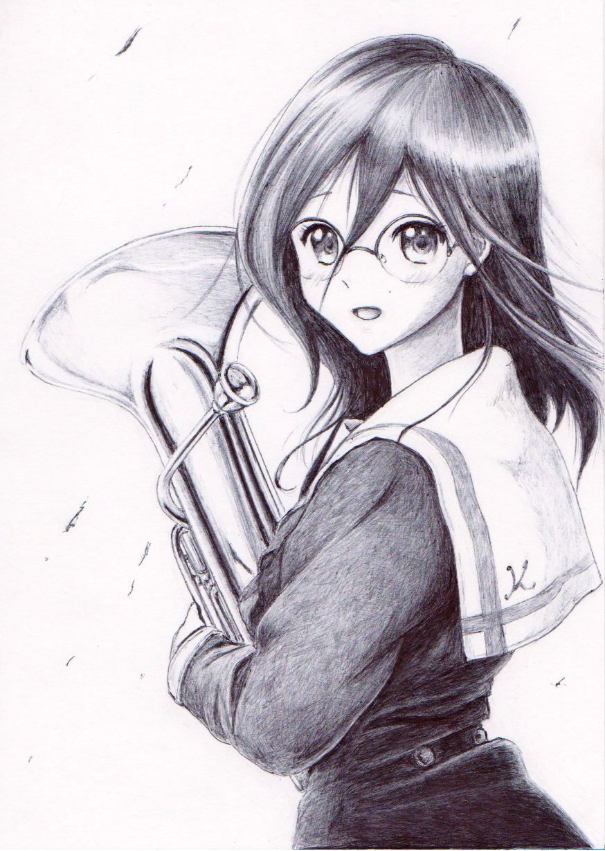 1girl :d black_hair black_skirt euphonium glasses hibike!_euphonium highres holding holding_instrument instrument long_hair looking_at_viewer monochrome open_mouth school_uniform serafuku simple_background skirt smile solo tanaka_asuka tayutoi traditional_media upper_body white_background