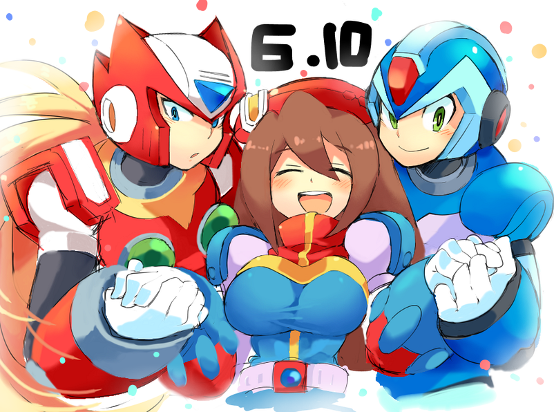 1girl 2boys android beret blonde_hair blue_eyes blush breasts brown_hair closed_mouth dated gloves green_eyes hair_between_eyes hand_holding hat helmet iris_(rockman_x) iroyopon large_breasts long_hair military_hat multiple_boys open_mouth red_hat rockman rockman_x rockman_x4 smile white_gloves x_(rockman) zero_(rockman)