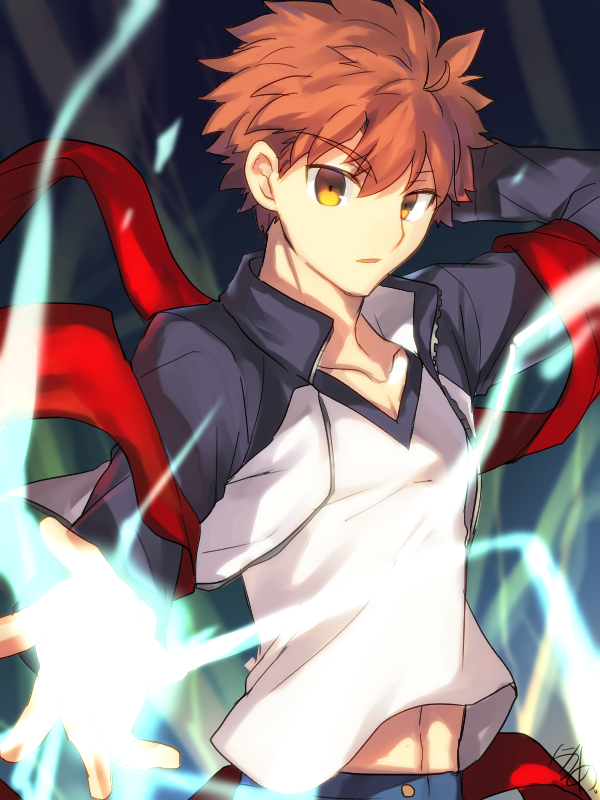 1boy brown_eyes brown_hair collarbone emiya_shirou eyebrows_visible_through_hair fate/stay_night fate_(series) hair_between_eyes jacket long_sleeves looking_at_viewer male_focus midriff nikame open_clothes open_jacket outstretched_arm parted_lips shirt solo spiky_hair stomach upper_body white_shirt