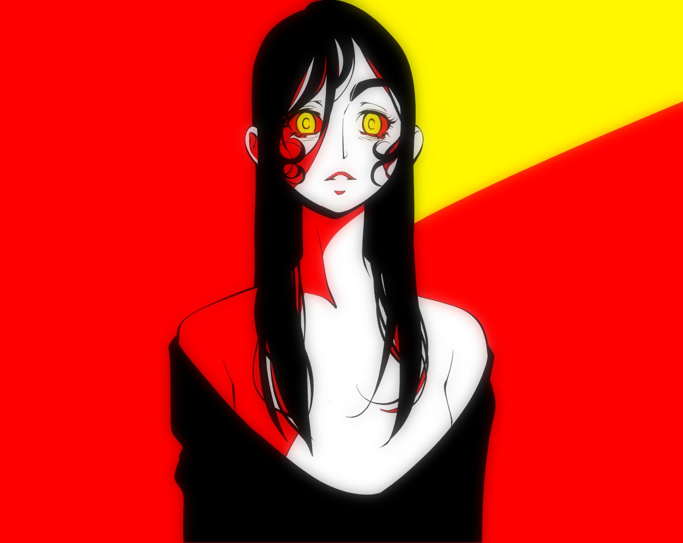 1girl bare_shoulders black_hair black_shirt medium_hair original parted_lips red_background red_sclera shirt solo standing straight_hair upper_body yellow_background yellow_eyes yves_bigerel