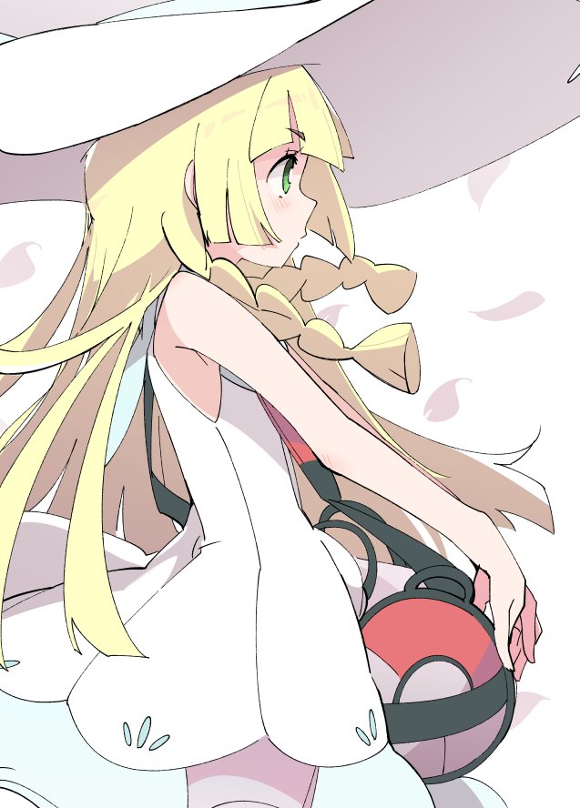 1girl bag blonde_hair blush braid creatures_(company) dress eyebrows_visible_through_hair game_freak green_eyes hat ixy lillie_(pokemon) long_hair looking_afar nintendo pokemon pokemon_(game) pokemon_sm profile simple_background sleeveless sleeveless_dress solo twin_braids white_background white_dress white_hat