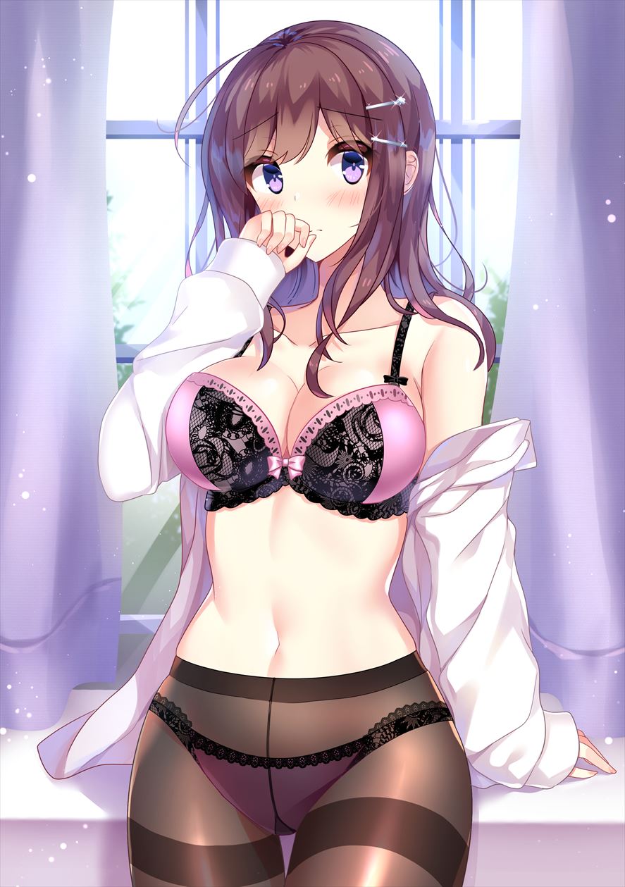 1girl arm_support armpit_crease bangs bare_shoulders blush bra breasts brown_hair brown_legwear cleavage closed_mouth collarbone commentary_request cowboy_shot curtains day dress_shirt eyebrows_visible_through_hair glint hair_ornament hairclip hand_up hayakawa_(hayakawa_illust) highres indoors lace lace-trimmed_bra lace-trimmed_panties large_breasts light_particles lingerie long_hair long_sleeves looking_at_viewer navel off_shoulder open_clothes open_shirt original panties panties_under_pantyhose pantyhose pink_bra pink_panties shirt sidelocks sleeves_past_wrists solo stomach thighband_pantyhose underwear violet_eyes white_shirt window