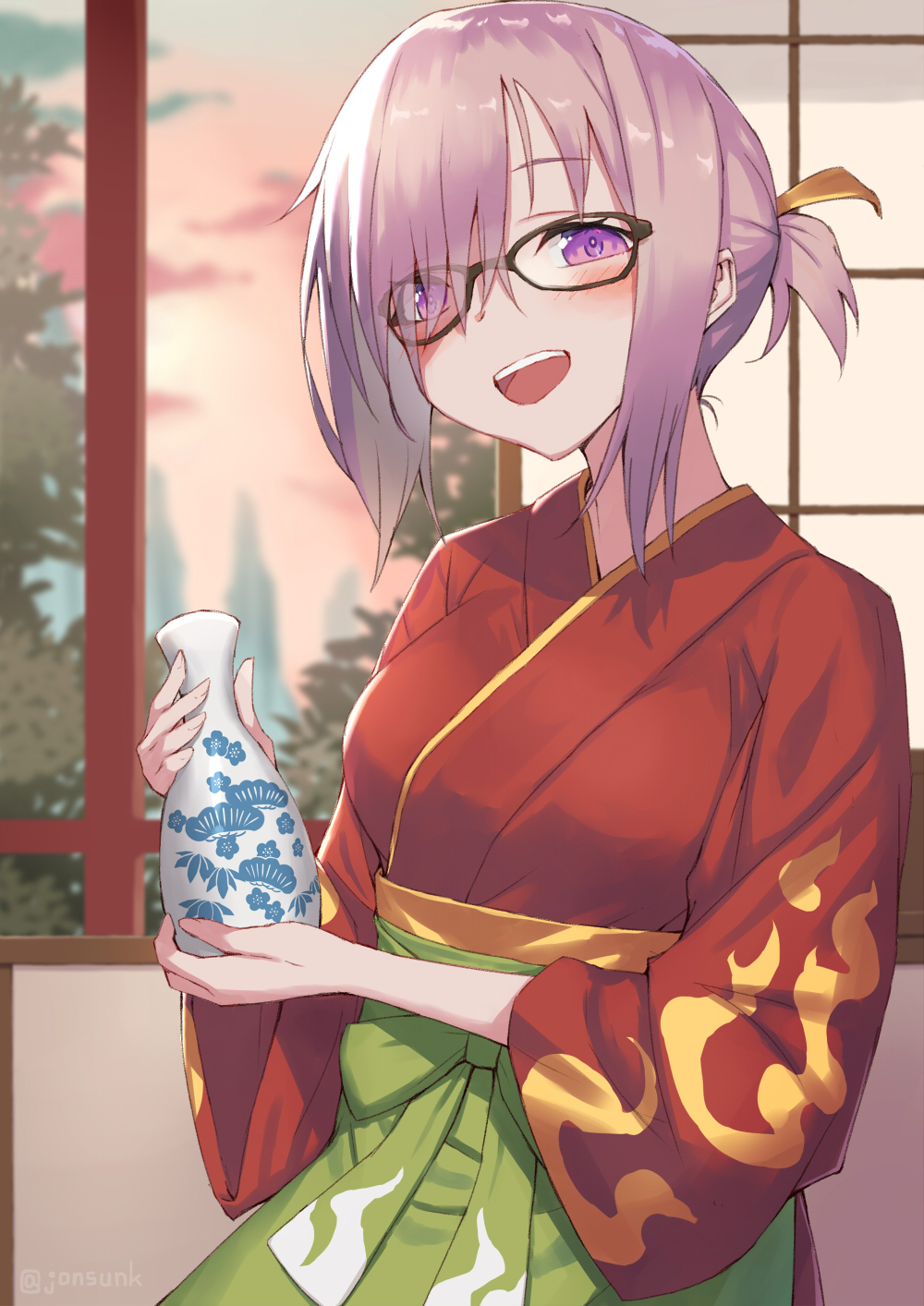 1girl :d black-framed_eyewear blush breasts clouds commentary_request eyes_visible_through_hair fate/grand_order fate_(series) fingernails glasses green_hakama hair_over_one_eye hakama head_tilt highres holding indoors japanese_clothes jonsun kimono long_sleeves mash_kyrielight open_mouth pink_hair ponytail red_kimono short_kimono short_ponytail sky small_breasts smile solo sunset upper_teeth violet_eyes wide_sleeves