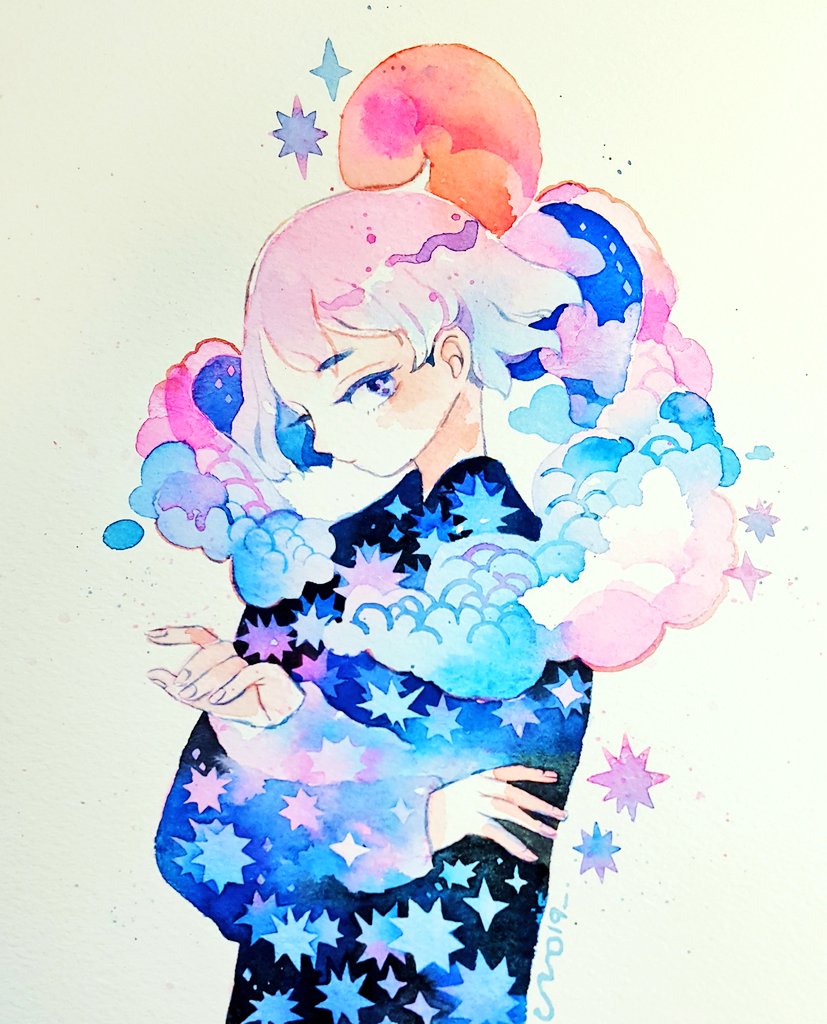 1girl clouds expressionless eyebrows_visible_through_hair gradient_hair long_sleeves looking_at_viewer maruti_bitamin multicolored_hair original pink_hair profile red_sun short_hair simple_background solo traditional_media upper_body watercolor_(medium) white_background