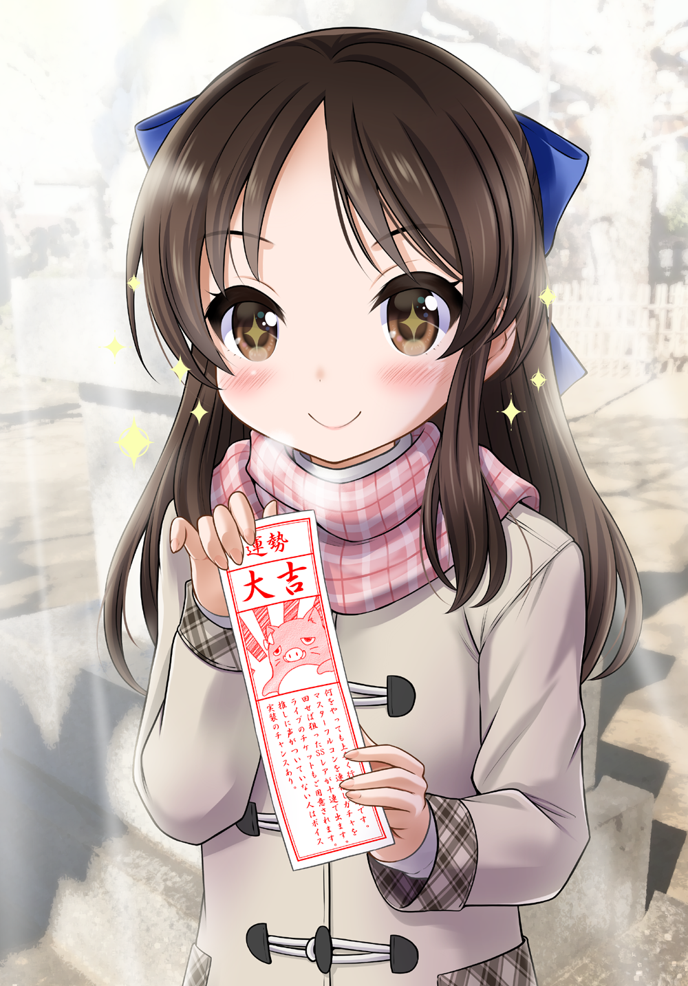 +_+ 1girl bangs blue_bow blush bow breath brown_eyes brown_hair closed_mouth commentary_request day duffel_coat eyebrows_visible_through_hair fingernails grey_coat hair_bow highres holding idolmaster idolmaster_cinderella_girls long_hair long_sleeves neko_danshaku omikuji outdoors parted_bangs sleeves_past_wrists smile solo sparkle tachibana_arisu translation_request upper_body