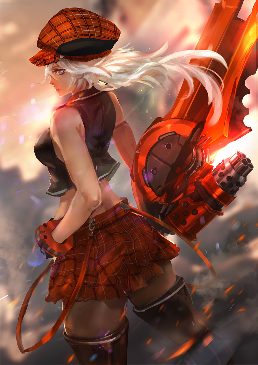 1girl alisa_ilinichina_amiella bare_shoulders black_footwear blue_eyes boots bracer cabbie_hat cglas commentary english_commentary from_behind god_eater hat huge_weapon long_hair midriff miniskirt pantyhose plaid plaid_skirt silver_hair skirt suspender_skirt suspenders sword thigh-highs thigh_boots weapon