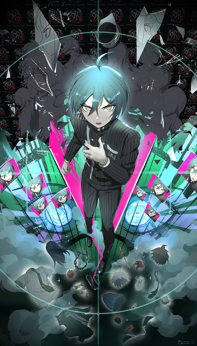 ahoge akamatsu_kaede amami_rantarou black_footwear black_hair black_jacket blue_eyes blue_skirt boots chabashira_tenko commentary_request dangan_ronpa eyebrows_visible_through_hair full_body gakuran green_eyes hair_between_eyes hand_on_own_chest harukawa_maki highres iruma_miu jacket keebo looking_up male_focus momota_kaito necktie new_dangan_ronpa_v3 ouma_kokichi qosic saihara_shuuichi school_uniform shirt skirt striped striped_legwear striped_shirt v-shaped_eyebrows white_hair white_shirt wig yonaga_angie yumeno_himiko