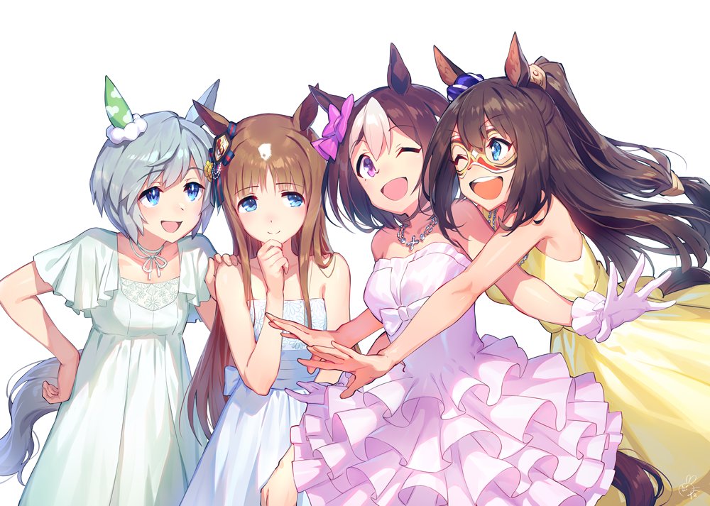 4girls animal_ears blue_eyes bow brown_hair chin_stroking dress el_condor_pasa gloves grass_wonder grey_hair hair_bow hand_on_another's_shoulder horse_ears horse_tail imminent_hug jewelry long_hair mask multicolored_hair multiple_girls necklace okada_manabi one_eye_closed seiun_sky short_hair special_week streaked_hair tail umamusume violet_eyes white_background white_gloves