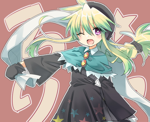 00tea 1girl bangs black_dress black_gloves black_hat blonde_hair blue_capelet blush braid buttons capelet child dress gloves green_hair hair_between_eyes hat holding houshin_engi ko_kibi long_hair one_eye_closed onomatopoeia open_mouth shawl simple_background smile solo star violet_eyes