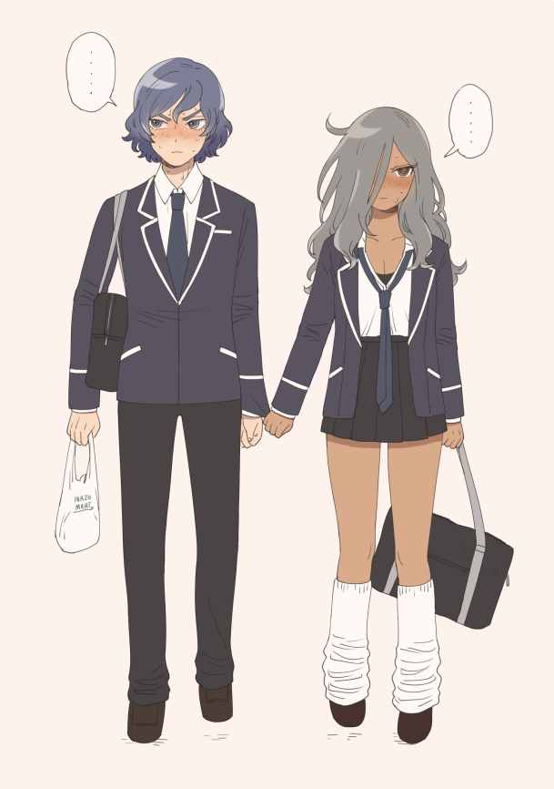 1boy 1girl ahoge asymmetrical_bangs bag bangs black_pants black_skirt blue_eyes blue_hair blush closed_mouth coat dark_skin full_body genderswap genderswap_(mtf) grey_hair haizaki_ryouhei inazuma_eleven_(series) inazuma_eleven_ares_no_tenbin long_hair male_focus mizukamiya_seiryuu multicolored multicolored_eyes multiple_boys necktie one_eye_covered open_clothes open_coat pants school_bag shirt shoes short_hair simple_background skirt white_shirt