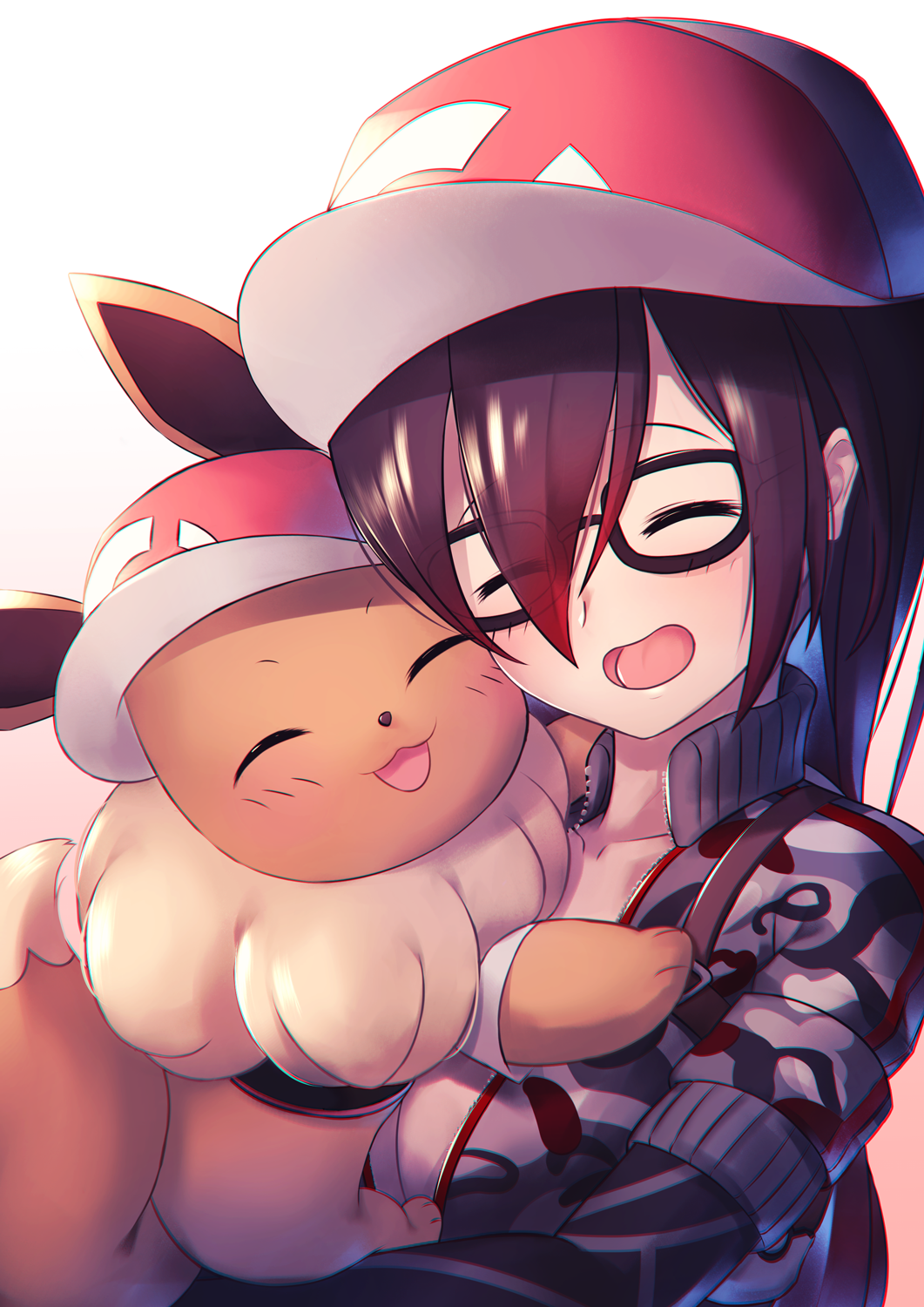 1girl 307_(aho307) :d ^_^ baseball_cap black-framed_eyewear black_hair chromatic_aberration closed_eyes closed_eyes commentary_request creatures_(company) eevee game_freak gen_1_pokemon glasses gradient gradient_background gradient_hair happy hat highres jacket long_hair multicolored_hair nintendo open_mouth pokemon pokemon_(creature) redhead roboco-san roboco_ch. simple_background smile virtual_youtuber