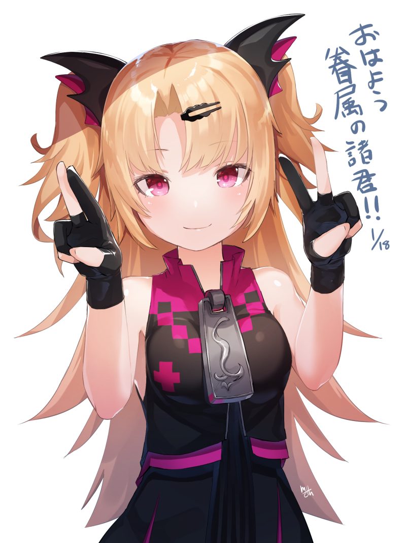1girl akatsuki_yuni bangs black_dress blonde_hair blush double_v dress eyebrows_visible_through_hair gloves hair_ornament hairclip long_hair looking_at_viewer meth_(emethmeth) parted_bangs red_eyes signature sleeveless smile solo two_side_up uni_channel upper_body v virtual_youtuber white_background zipper_pull_tab