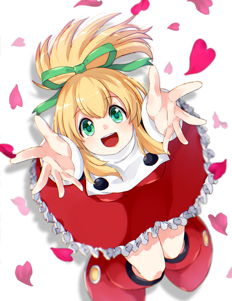 1girl android arms_up blonde_hair blush capcom dress eyebrows_visible_through_hair frilled_dress frills from_above green_eyes hair_between_eyes hair_ribbon long_hair looking_up open_mouth petals ponytail red_footwear ribbon rockman rockman_(classic) roll sakuraba_(kirsche_x) sidelocks simple_background smile solo white_background