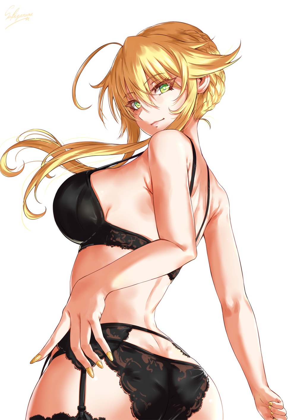 1girl ahoge artoria_pendragon_(all) artoria_pendragon_(lancer) ass back bangs bare_shoulders black_bra black_panties blonde_hair blush bra braid breasts closed_mouth commentary_request eyelashes fate/grand_order fate_(series) french_braid garter_belt green_eyes hair_between_eyes highres hips lace lace-trimmed_panties large_breasts lingerie long_hair looking_at_viewer looking_back nail_polish panties sakiyamama sidelocks signature simple_background smile solo underwear white_background yellow_nails