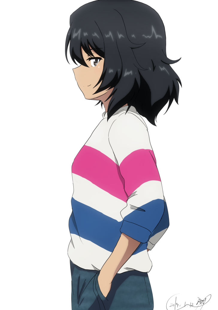 1girl andou_(girls_und_panzer) artist_name bangs black_hair black_pants brown_eyes bukkuri closed_mouth commentary_request dark_skin dated eyebrows_visible_through_hair girls_und_panzer hands_in_pockets long_sleeves looking_at_viewer medium_hair messy_hair pants print_shirt shirt signature simple_background smile solo standing upper_body white_background white_shirt