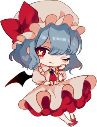 1girl ;) ascot bangs bat_wings blue_hair blush_stickers bow brooch chibi daimaou_ruaeru dress frilled_shirt_collar frills full_body hand_on_own_cheek hand_up hat hat_bow heart heart-shaped_pupils high_heels jewelry looking_at_viewer lowres mob_cap one_eye_closed petticoat pink_dress pink_hat puffy_short_sleeves puffy_sleeves red_bow red_eyes red_footwear red_neckwear remilia_scarlet short_hair short_sleeves simple_background smile solo symbol-shaped_pupils touhou white_background wings wrist_cuffs