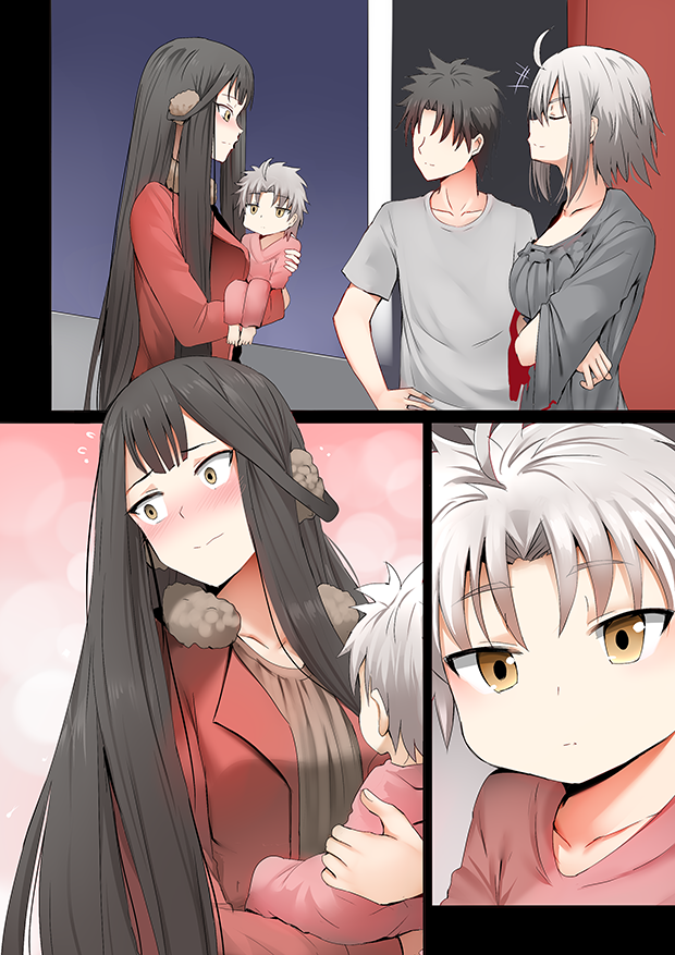 2boys 2girls absurdly_long_hair ahoge black_hair blush breasts comic crossed_arms earmuffs fate/grand_order fate_(series) father_and_son fujimaru_ritsuka_(male) fur_trim ginhaha jeanne_d'arc_(alter)_(fate) jeanne_d'arc_(fate)_(all) large_breasts long_hair mother_and_son multiple_boys multiple_girls nose_blush semiramis_(fate) short_hair silent_comic silver_hair very_long_hair yellow_eyes