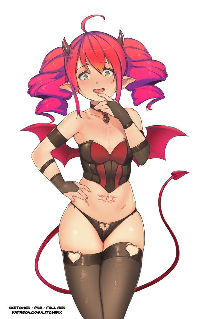 1girl ahoge black_legwear blush breasts choker demon_girl demon_tail demon_wings drill_hair eyebrows_visible_through_hair fang full-face_blush green_eyes hair_between_eyes horns litchipix looking_at_viewer navel open_mouth original pointy_ears redhead small_breasts solo standing succubus tail tattoo thigh-highs twin_drills white_background wings