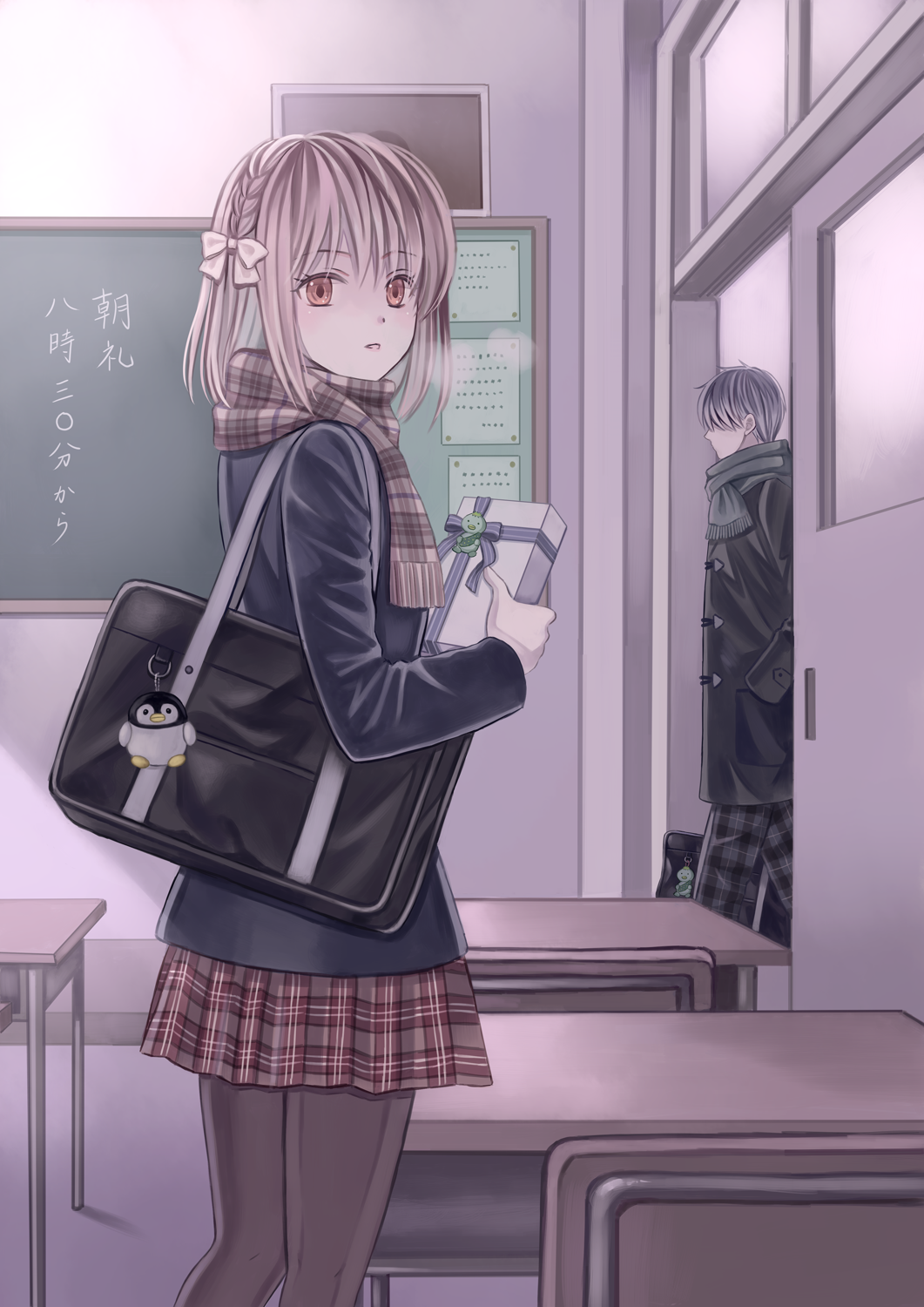 1boy 1girl bag bag_charm black_coat bookbag braid brown_eyes brown_hair chalkboard charm_(object) classroom desk gift hand_in_pocket highres kisshou_mizuki looking_at_viewer original pants pantyhose plaid plaid_pants plaid_scarf plaid_skirt scarf school school_desk school_uniform skirt sliding_doors standing trench_coat valentine