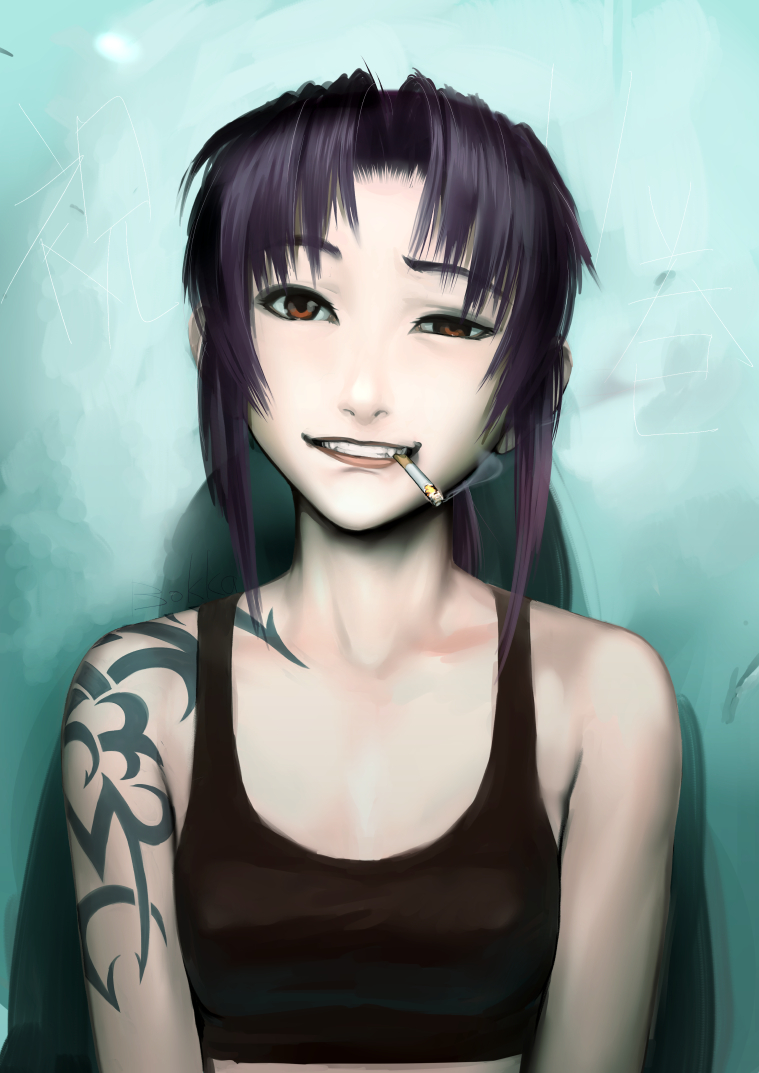 1girl bare_shoulders black_lagoon brown_eyes brown_hair cigarette fangs fetishy grin long_hair looking_at_viewer open_mouth ponytail raised_eyebrow revy_(black_lagoon) smile solo tank_top tattoo uneven_eyes