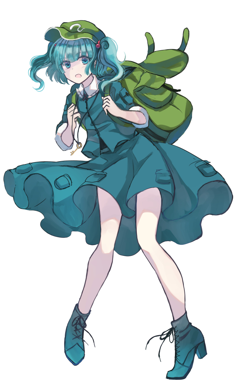 1girl backpack bag bangs bare_legs blue_eyes blue_footwear blue_hair blue_jacket blue_skirt cabbie_hat commentary_request eyebrows_visible_through_hair frilled_shirt_collar frills full_body green_hat hair_bobbles hair_ornament hat high_heels highres jacket kawashiro_nitori key long_sleeves looking_at_viewer miyakure open_mouth pouch short_hair simple_background skirt solo thighs touhou two_side_up white_background