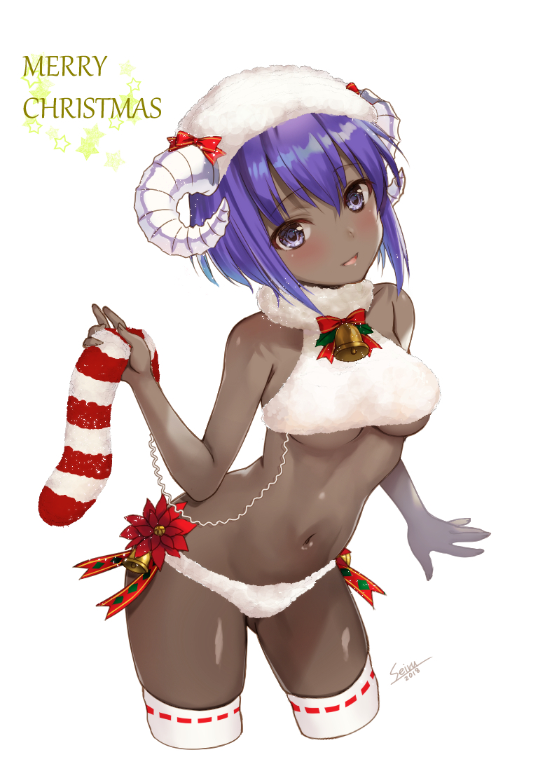 1girl bangs bare_shoulders blush breasts dark_skin fate/grand_order fate/prototype fate/prototype:_fragments_of_blue_and_silver fate_(series) hair_between_eyes hassan_of_serenity_(fate) hijiri_ruka hips horns looking_at_viewer merry_christmas navel open_mouth purple_hair sheep_horns simple_background smile solo thigh-highs thighs violet_eyes white_background