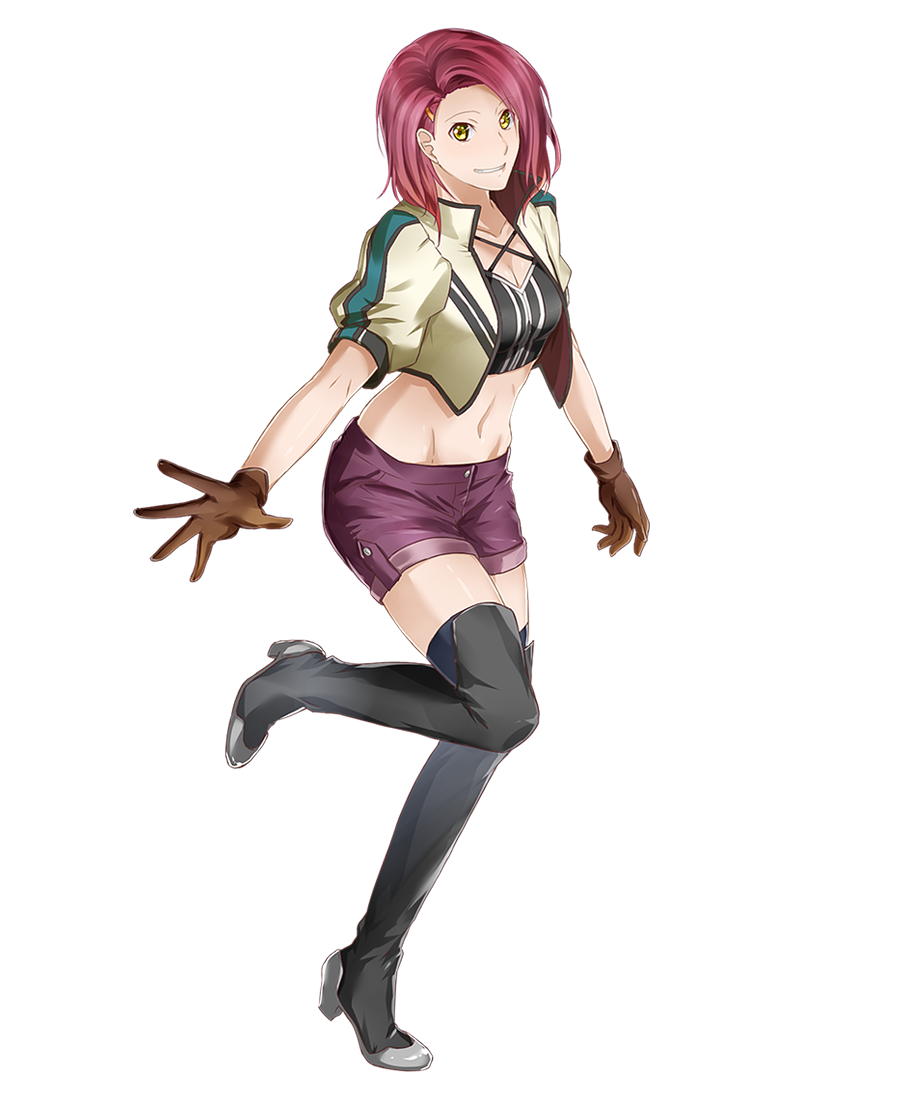 1girl black_footwear boots breasts brown_gloves cleavage crop_top full_body gloves grin hair_ornament hairclip kurose_nao leg_up looking_at_viewer medium_breasts midriff navel outstretched_arm purple_shorts redhead rose_(tales) short_hair short_shorts shorts simple_background smile solo standing standing_on_one_leg stomach tales_of_(series) tales_of_zestiria thigh-highs thigh_boots white_background yellow_eyes zettai_ryouiki