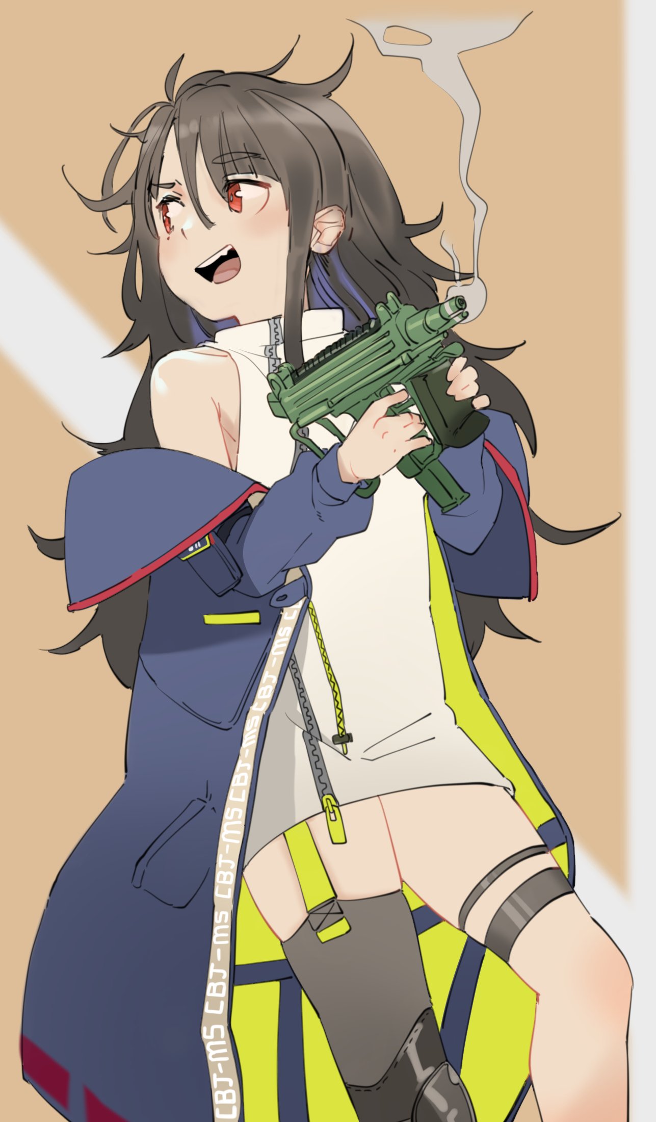 1girl bangs bare_shoulders belt black_hair blush c-ms_(girls_frontline) dress eyebrows_visible_through_hair girls_frontline gun highres holding holding_weapon jacket long_hair messy_hair mole mole_under_eye off_shoulder open_clothes red_eyes sd_bigpie simple_background sleeveless solo submachine_gun thigh-highs thigh_strap very_long_hair weapon white_dress
