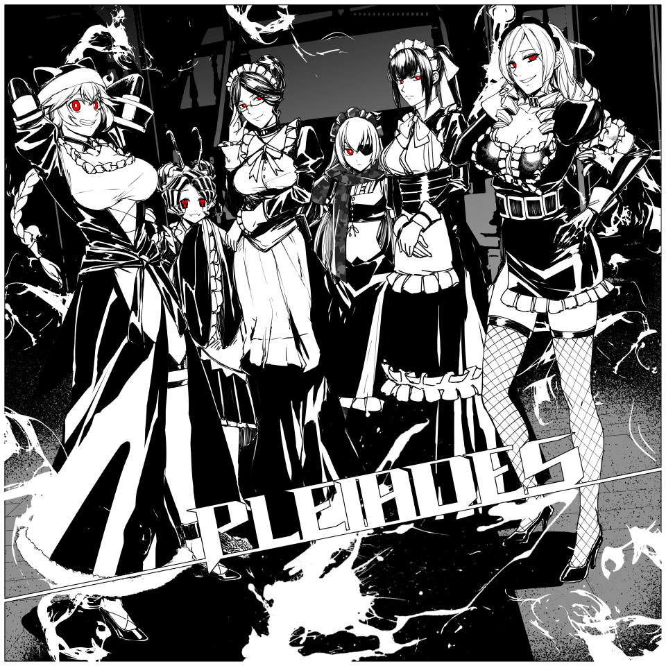 6+girls apron braid breasts cleavage cz2128_delta drill_hair dutch_angle entoma_vasilissa_zeta eyepatch fishnet_legwear fishnets glasses gloves hand_on_eyewear high_heels looking_at_viewer lupusregina_beta maid_dress maid_headdress monochrome multiple_girls narberal_gamma overlord_(maruyama) ponytail red_eyes scarf side_slit smile solution_epsilon spot_color twin_drills yuri_alpha