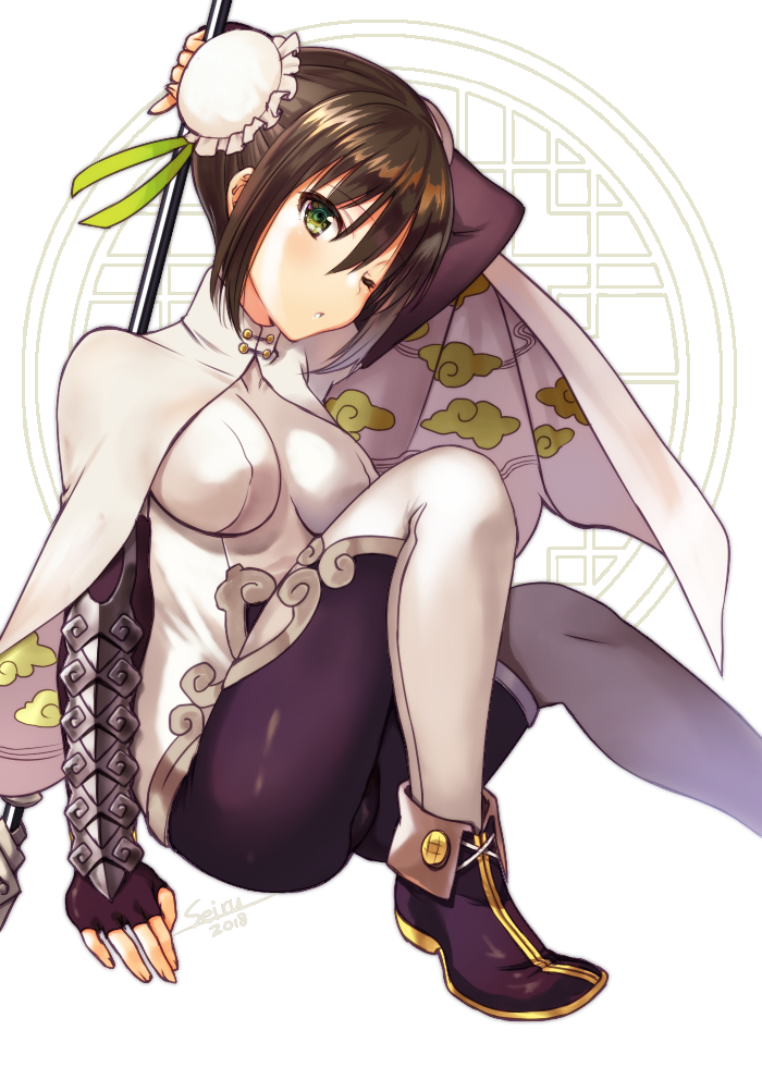 1girl arm_guards arm_up bangs black_footwear black_gloves black_hair blush bodysuit breasts bun_cover cape chinese_clothes closed_mouth cloud_print double_bun fate/grand_order fate_(series) fingerless_gloves gloves green_eyes hair_between_eyes hijiri_ruka legs long_hair looking_at_viewer medium_breasts one_eye_closed polearm qin_liangyu_(fate) sidelocks sitting solo thighs weapon white_background