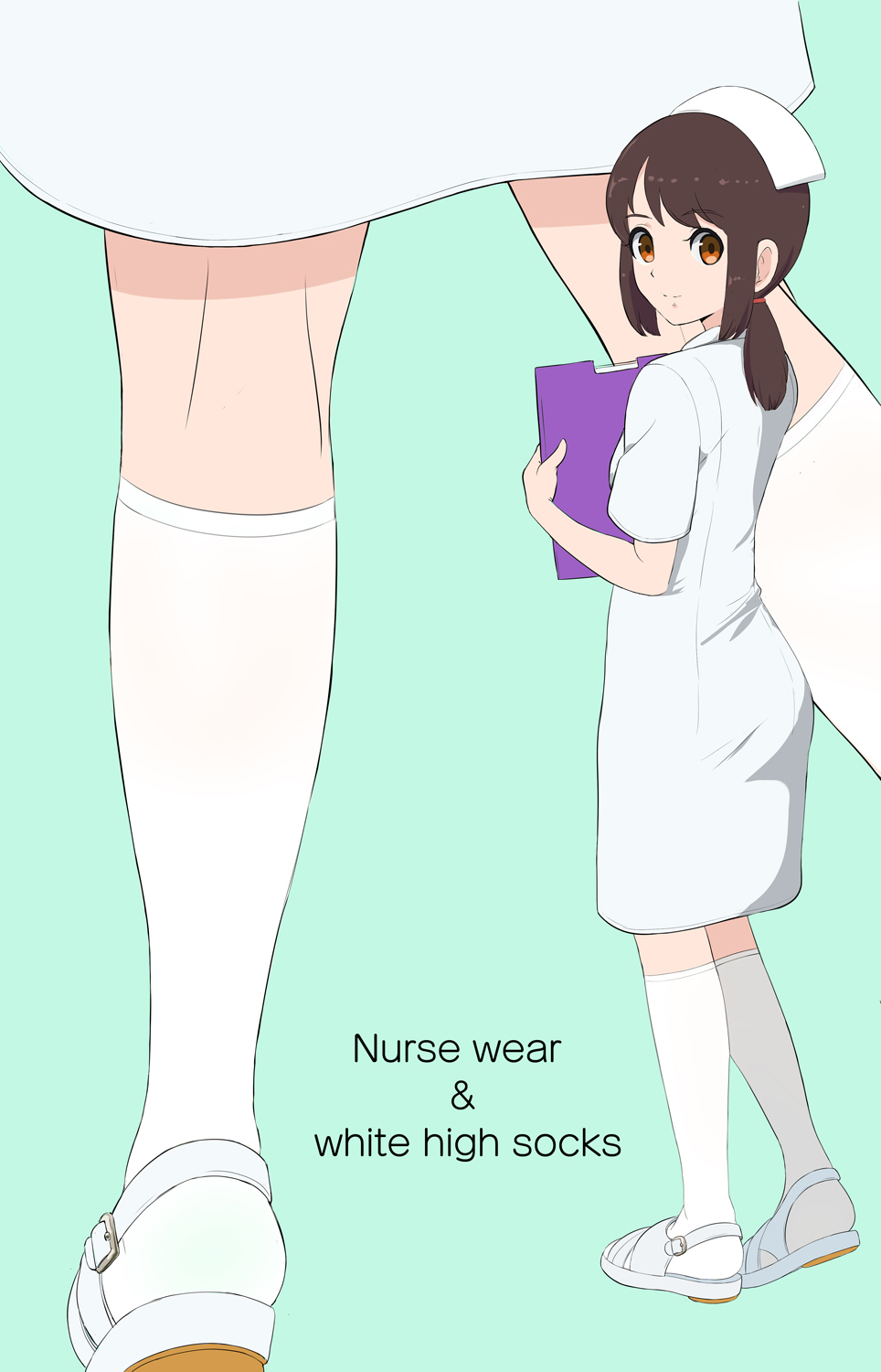 1girl bangs brown_eyes brown_hair clipboard closed_mouth commentary_request dress english_text eyebrows_visible_through_hair green_background hat highres holding kneehighs long_hair looking_at_viewer looking_to_the_side makoto_daikichi multiple_views nurse nurse_cap original sandals short_sleeves simple_background smile standing white_dress white_footwear white_hat