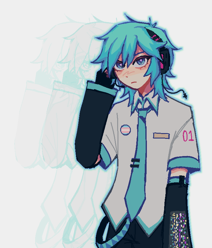 1boy alternate_hair_length alternate_hairstyle aqua_eyes aqua_hair bangs cowboy_shot detached_sleeves genderswap genderswap_(ftm) grey_background hatsune_mikuo headphones headset keropluvia male_focus necktie short_hair simple_background solo standing transgender_flag vocaloid