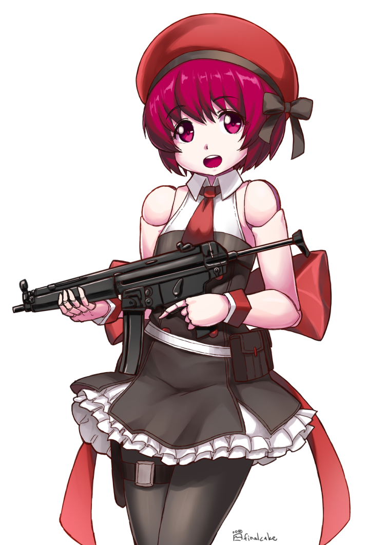 1girl :d beret black_legwear black_skirt bow collared_shirt commentary_request cosplay doll_joints dorothy_(va-11_hall-a) eyebrows_visible_through_hair finalcake girls_frontline gun h&amp;k_mp5 hair_between_eyes hat head_tilt holding holding_gun holding_weapon looking_at_viewer mp5_(girls_frontline) mp5_(girls_frontline)_(cosplay) necktie open_mouth pantyhose pink_eyes pink_hair red_bow red_hat red_neckwear robot_joints shirt short_hair skirt sleeveless sleeveless_shirt smile solo standing submachine_gun va-11_hall-a weapon white_background wing_collar wrist_cuffs