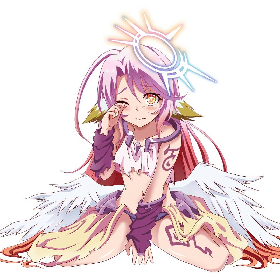 1girl angel_wings artist_request blush closed_mouth crop_top feathered_wings gradient_hair halo jibril_(no_game_no_life) long_hair low_wings magic_circle midriff multicolored multicolored_eyes multicolored_hair navel no_game_no_life one_eye_closed pink_hair red_eyes solo source_request symbol-shaped_pupils tattoo torn_clothes very_long_hair white_wings wing_ears wings yellow_eyes younger