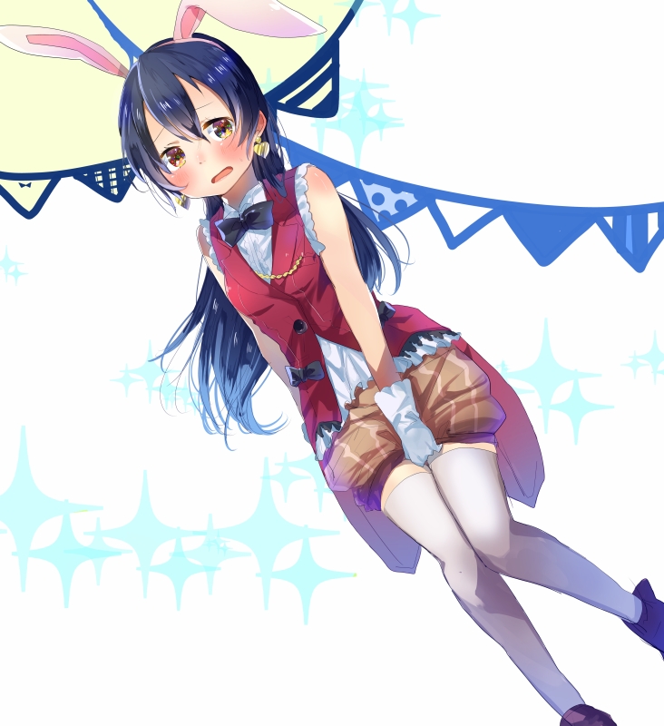 1girl animal_ears bangs blue_hair blush commentary_request earrings embarrassed gloves hair_between_eyes jewelry korekara_no_someday long_hair looking_at_viewer love_live! love_live!_school_idol_project mofun open_mouth puffy_shorts rabbit_ears shorts sleeveless solo sonoda_umi standing thigh-highs white_gloves white_legwear yellow_eyes