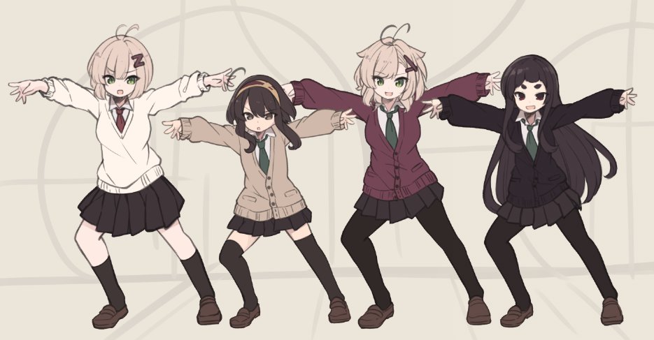 4girls :d antenna_hair bangs black_cardigan black_legwear black_skirt blush brown_cardigan brown_eyes brown_footwear brown_hair brown_hairband cardigan commentary_request eyebrows_visible_through_hair green_eyes green_neckwear hair_between_eyes hair_ornament hairband kuranami_shiki light_brown_hair loafers long_hair long_sleeves multiple_girls natsuki_teru necktie nekomiya_ryuu nekomiya_shuu open_mouth original outstretched_arms pantyhose pleated_skirt red_cardigan school_uniform shikibe_ayaka shoes siblings sisters skirt sleeves_past_wrists smile spread_arms standing sweater thick_eyebrows thigh-highs very_long_hair white_sweater