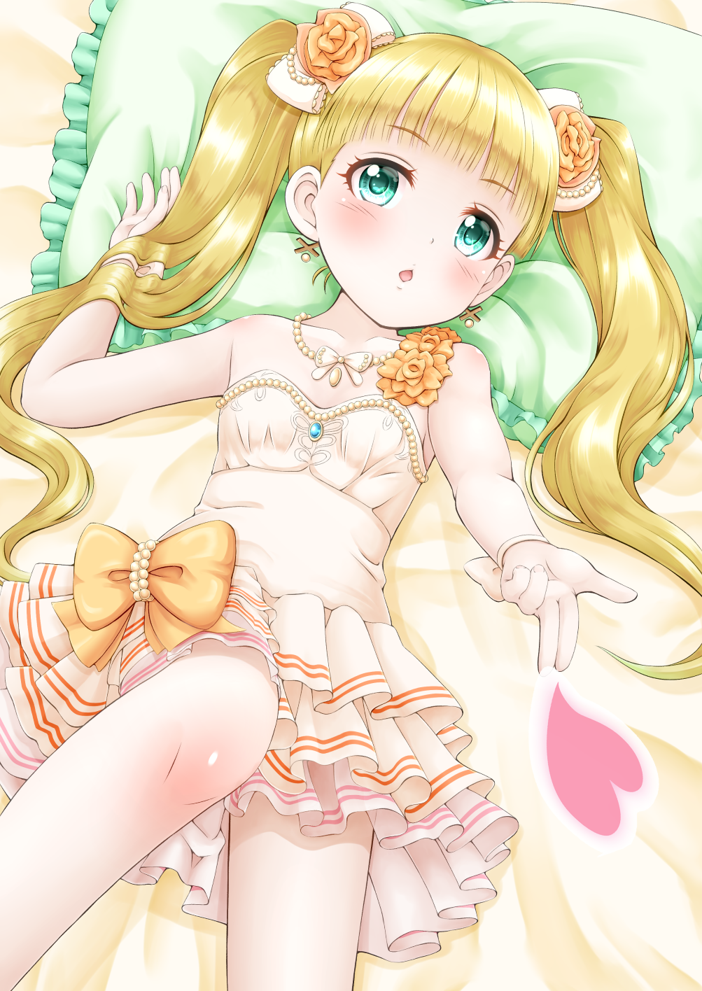 1girl bangs bare_arms bare_shoulders bed_sheet blonde_hair blush bow chestnut_mouth collarbone commentary_request dress earrings eyebrows_visible_through_hair fingernails flower frilled_pillow frills green_eyes hair_bow hair_flower hair_ornament heart highres idolmaster idolmaster_cinderella_girls jewelry long_hair lying mary_cochran on_back orange_bow orange_flower pantyhose parted_lips pillow pleated_dress regular_mow solo strapless strapless_dress twintails very_long_hair white_bow white_dress white_legwear