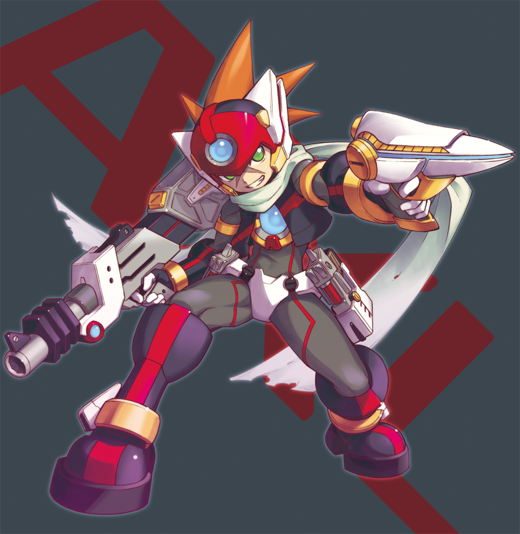 1boy android axl capcom character_name degarashi_(ponkotsu) dual_wielding full_body green_eyes grey_background grin gun helmet holding holding_weapon male_focus rockman rockman_x scar scarf simple_background smile solo spiky_hair standing weapon