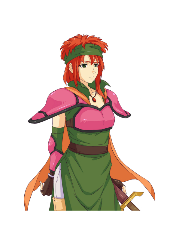 1girl belt boots bracelet breastplate breasts cape cleavage fingerless_gloves gloves green_eyes headband honma0220 jewelry julia_(tear_ring_saga) long_hair necklace orange_hair solo sword tear_ring_saga weapon white_background