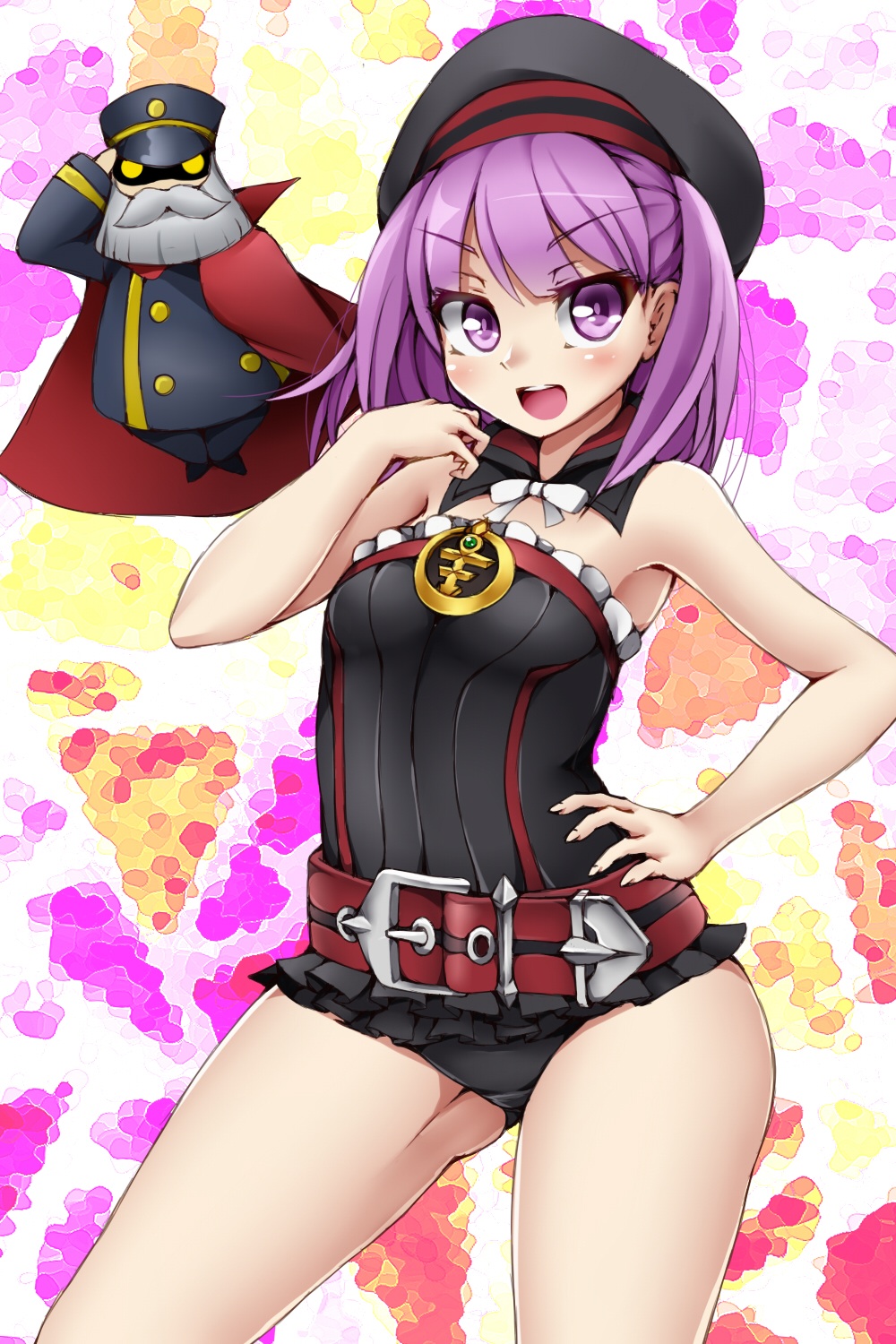 1girl :d bare_shoulders beard belt beret black_dress black_hat breasts cape character_request commentary_request detached_collar dress eyebrows_visible_through_hair facial_hair fate/grand_order fate_(series) frilled_dress frills hand_on_hip hat head_tilt helena_blavatsky_(fate/grand_order) highres kiramashi_(satsujinki) looking_at_viewer mustache open_mouth purple_hair salute small_breasts smile strapless strapless_dress v-shaped_eyebrows violet_eyes yellow_eyes