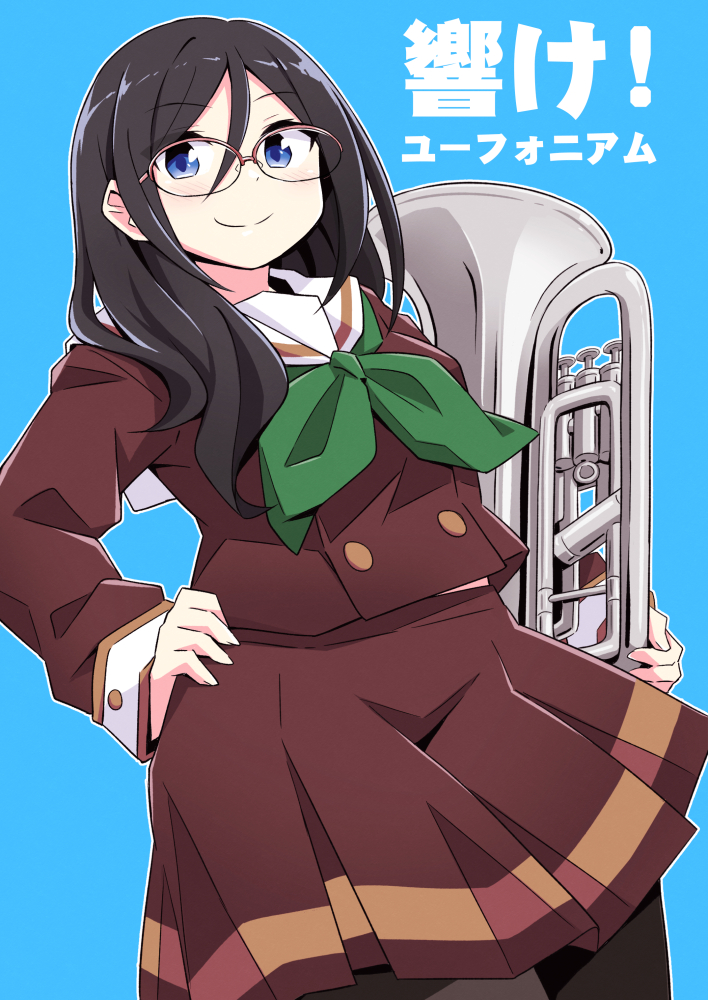 1girl black_hair black_legwear blue_background blue_eyes blush brown_skirt cowboy_shot euphonium glasses green_neckwear hand_on_hip hibike!_euphonium holding holding_instrument instrument long_hair looking_at_viewer neckerchief pantyhose school_uniform serafuku skirt smile solo standing tanaka_asuka vincent_(hiyakuen)