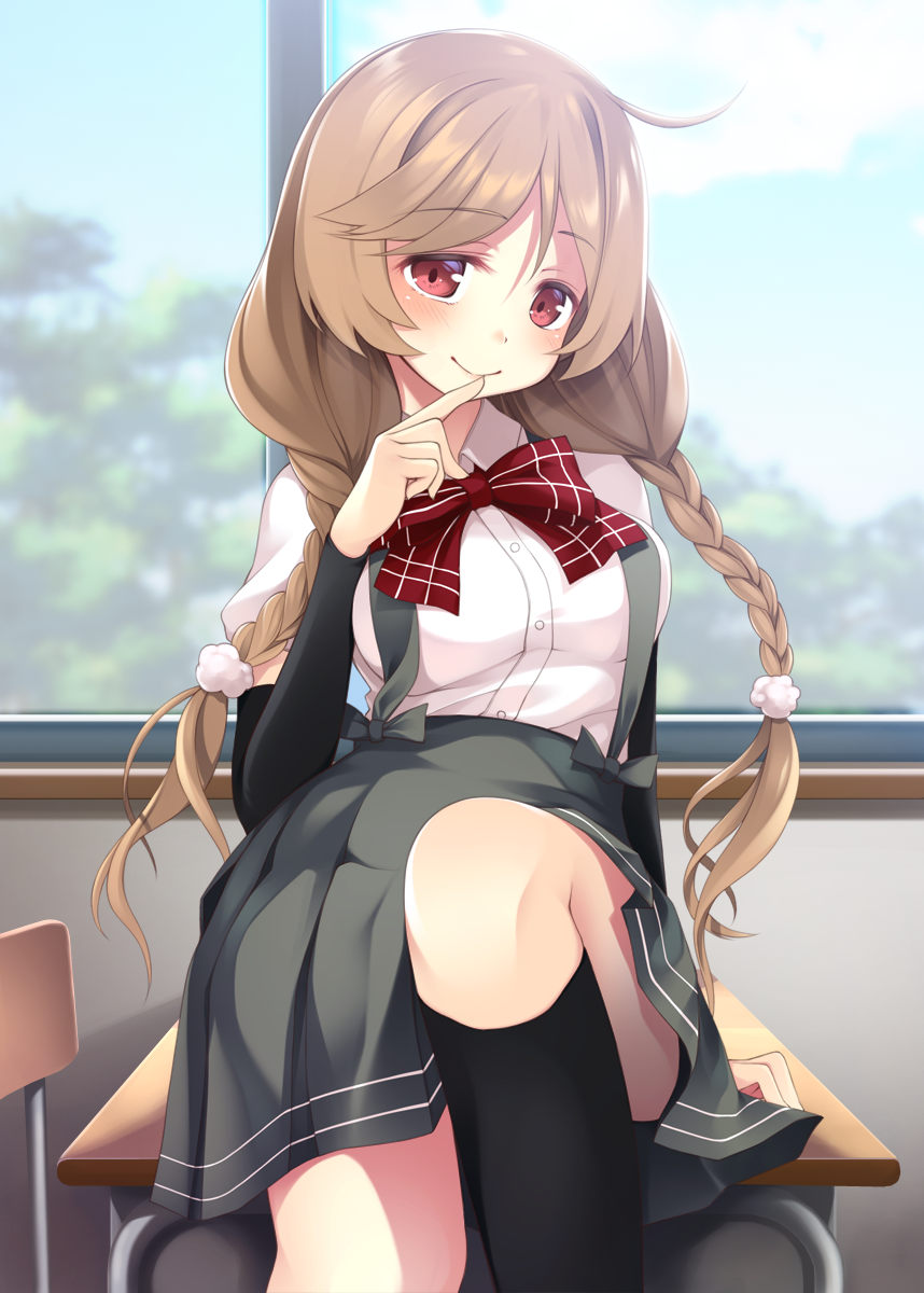 1girl arm_warmers black_legwear blue_sky bow bowtie braid breasts brown_hair chair classroom clouds cloudy_sky desk eyebrows_visible_through_hair finger_to_mouth hair_between_eyes highres indoors kantai_collection kneehighs legs_crossed light_brown_hair loafers long_hair looking_at_viewer medium_breasts minegumo_(kantai_collection) mofu_namako on_desk plaid_neckwear pleated_skirt red_eyes red_neckwear school school_desk school_uniform seductive_smile shirt shoes short_sleeves sitting skirt sky smile solo suspender_skirt suspenders twin_braids white_shirt window