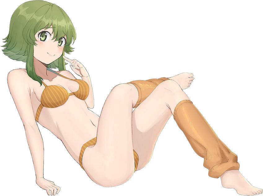 1girl arm_support blush bra breasts cleavage collarbone green_eyes green_hair gumi index_finger_raised leg_warmers legs_crossed looking_at_viewer navel orange_bra orange_legwear orange_panties panties pianzu_mao shiny shiny_hair short_hair sideboob sidelocks simple_background small_breasts smile solo striped striped_bra striped_panties underwear underwear_only vocaloid white_background