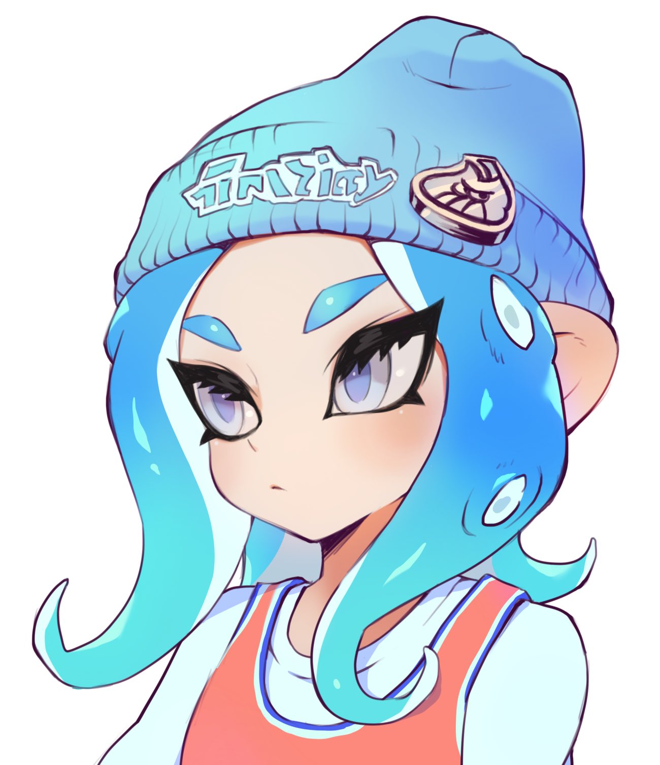 1girl beanie blue_hair blue_hat closed_mouth frown hat highres jtveemo long_hair octarian octoling shirt simple_background solo splatoon splatoon_(series) splatoon_2 suction_cups tentacle_hair upper_body white_background white_eyes white_shirt