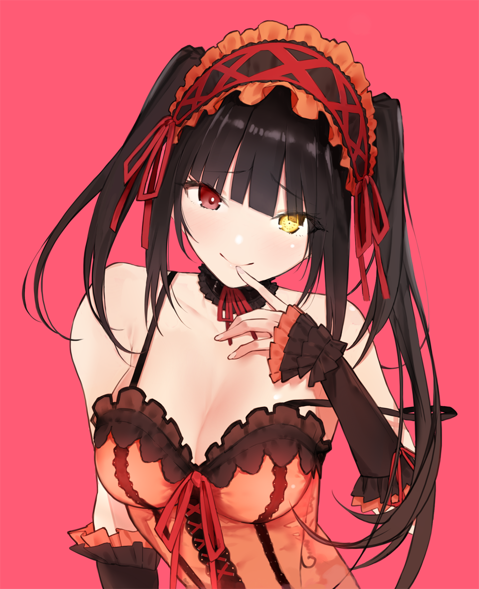 1girl arm_at_side bangs bare_shoulders black_hair blunt_bangs blush breasts bustier cleavage clock_eyes closed_mouth collarbone commentary_request cross-laced_clothes date_a_live detached_sleeves eyebrows_visible_through_hair fingernails frilled_hairband frilled_sleeves frills gothic_lolita hair_ribbon hairband head_tilt heterochromia large_breasts lolita_fashion lolita_hairband long_hair looking_at_viewer neck_garter neck_ribbon red_eyes red_ribbon remora180 ribbon short_sleeves smile solo strap_slip symbol-shaped_pupils tokisaki_kurumi twintails underwear upper_body yellow_eyes