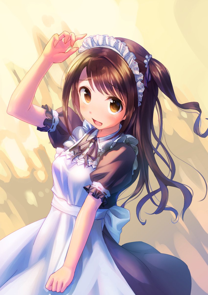 1girl alternate_costume apron arm_up blush brown_eyes brown_hair commentary enmaided eyebrows_visible_through_hair frilled_hairband frills hair_ribbon hairband half_updo highres idolmaster idolmaster_cinderella_girls long_hair looking_at_viewer maid maid_apron maid_headdress neck_ribbon one_side_up open_mouth puffy_short_sleeves puffy_sleeves ribbon shimamura_uzuki short_sleeves smile solo takoyaki_(roast) white_apron