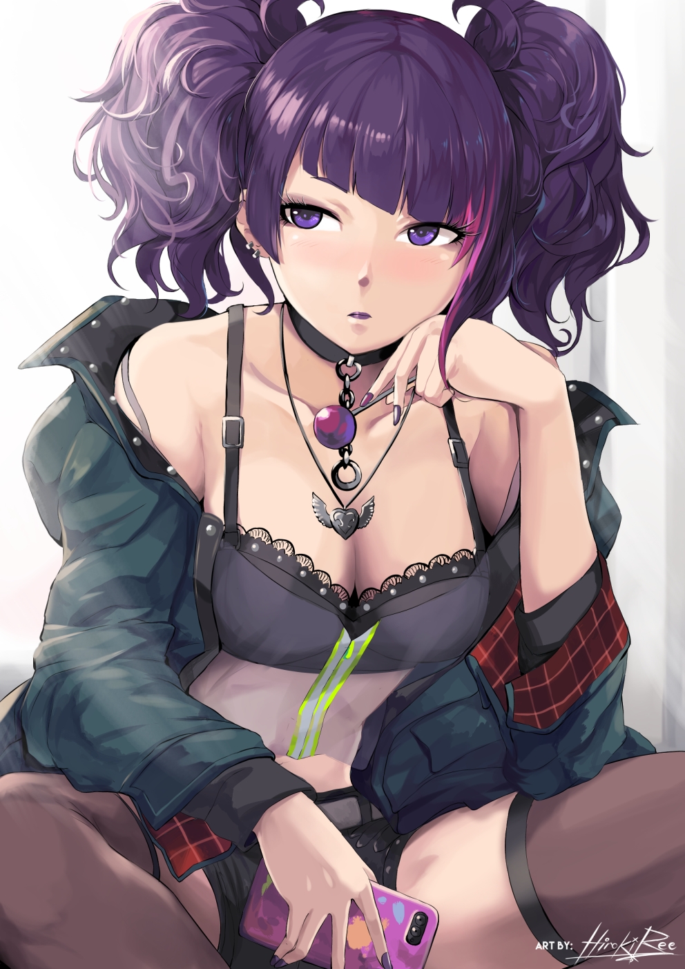 1girl bangs black_bra black_choker blush bra breasts candy cellphone choker cleavage closed_mouth collarbone commentary diagonal_bangs earrings eyebrows_visible_through_hair food highres hiroki_ree holding holding_food holding_phone idolmaster idolmaster_shiny_colors jacket jewelry lollipop long_hair looking_at_viewer medium_breasts multicolored_hair multiple_earrings nail_polish necklace phone pink_hair purple_hair purple_lips see-through shirt short_twintails sidelocks signature sitting skirt smartphone solo streaked_hair tanaka_mamimi thigh-highs twintails underwear violet_eyes