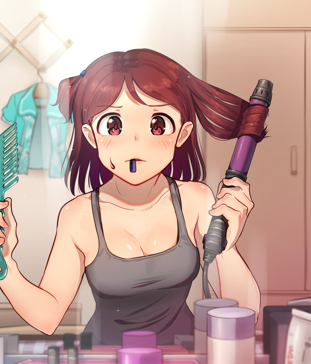 1girl aoba_misaki bangs bare_arms bare_shoulders blue_shirt blush breasts cleavage clothes_hanger collarbone comb commentary_request curling_iron eyebrows_visible_through_hair female_pov ground_vehicle hair_rollers hairdressing holding holding_comb idolmaster idolmaster_million_live! idolmaster_million_live!_theater_days indoors kamille_(vcx68) looking_at_viewer medium_breasts military military_vehicle mirror motor_vehicle mouth_hold one_side_up parted_bangs parted_lips pov redhead reflection shirt short_hair sleeveless solo sparkle sweatdrop tank tareme upper_body v-shaped_eyebrows violet_eyes