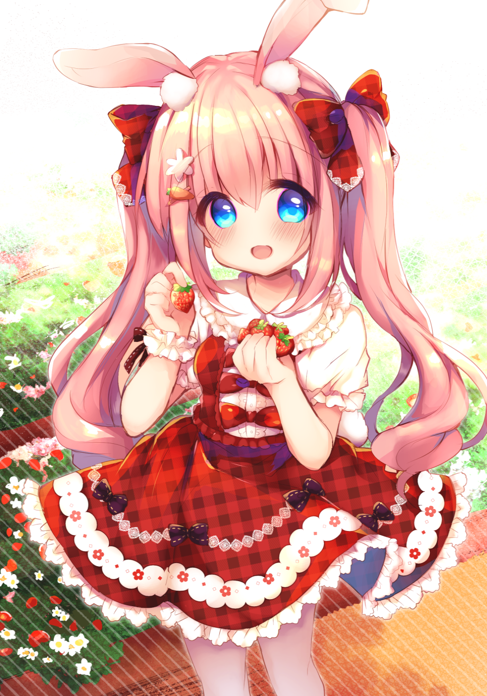 1girl :d animal_ear_fluff animal_ears bangs black_bow blue_eyes blush bow brown_legwear carrot_hair_ornament commentary_request day diagonal-striped_background diagonal_stripes eyebrows_visible_through_hair flower food food_themed_hair_ornament fruit hair_between_eyes hair_bow hair_ornament hairclip haru_ichigo highres holding holding_food long_hair open_mouth original outdoors pantyhose pink_hair plaid plaid_bow plaid_skirt puffy_short_sleeves puffy_sleeves rabbit_ears red_bow red_skirt shirt short_sleeves sidelocks single_wrist_cuff skirt smile solo strawberry striped striped_background sunlight twintails unmoving_pattern very_long_hair white_flower white_shirt wrist_cuffs